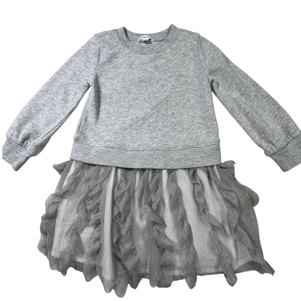 Crewcuts J.Crew Girls Gray Sweatshirt Dress Metallic Ruffle Tulle Skirt S 4 Soft
